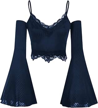 SOLY HUX Women's Goth Y2k Lace Trim Cold Shoulder Bell Long Sleeve